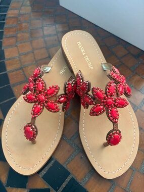 Tory Burch Red Beaded Floral Thong Sandals
